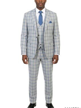 Light Grey / Blue Windowpane Notch Lapel 3 Piece Skinny Fit Men's Suit